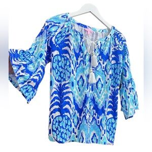 Lilly Pulitzer Tropi Call Me Blue Pineapple Cotton Blend Boho Tunic Top Size S